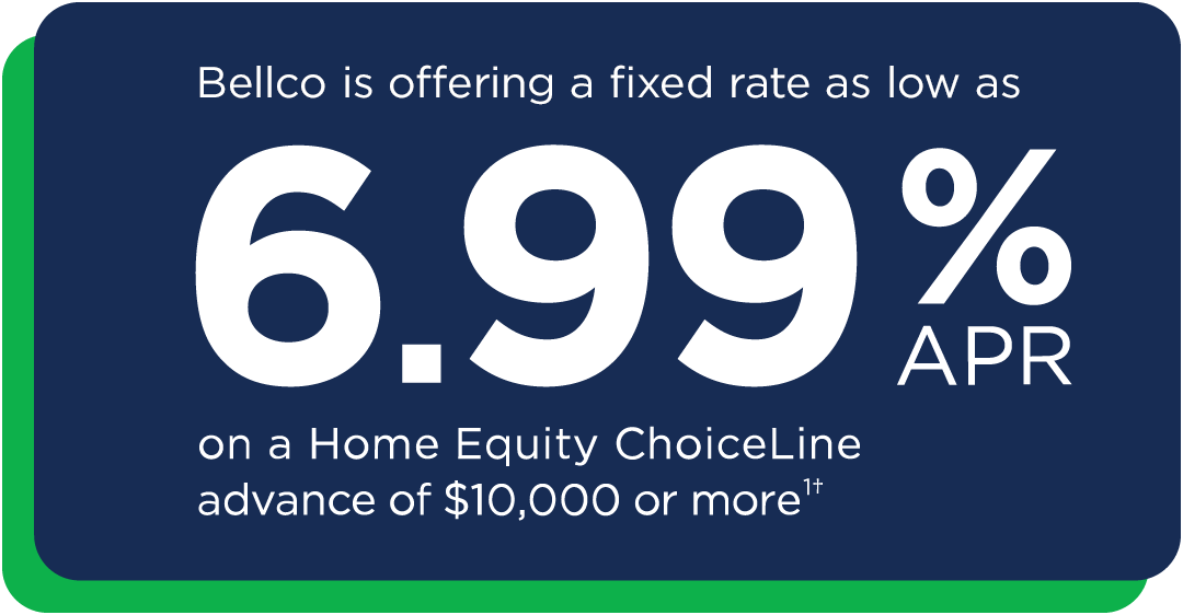 Bellco is offering a rixed rates as low as 6.99% APR on a Home Equity ChoiceLine advance of $10,000 ore more.
